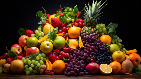 Fruits were placed together in a large group. Shot in a studio.の素材