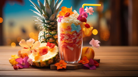 Pineapple smoothie in glass with flowers and fruits on wooden tableの素材