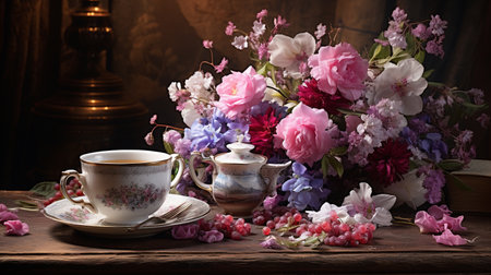 Still life with a cup of tea and flowers on a wooden tableの素材