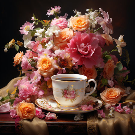 Cup of tea with beautiful flowers on a dark background. Vintage style.の素材