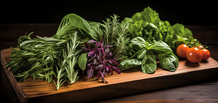 Variety of fresh herbs on rustic wooden background. Basil, rosemary, parsley, basil, oregano, thyme, tomatoes.の素材