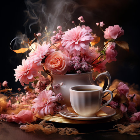 Still life with cup of coffee and pink flowers on a dark backgroundの素材