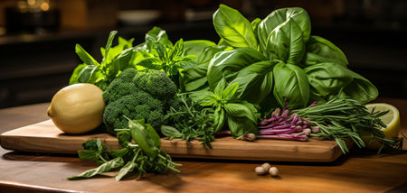 Variety of fresh herbs and spices on a wooden cutting board.の素材