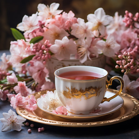 Cup of tea with pink cherry blossom flowers on dark backgroundの素材