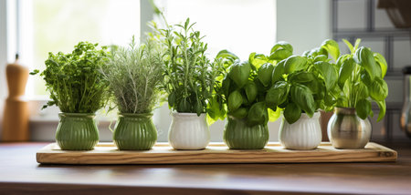 Fresh herbs in vases on a wooden table in the kitchen.の素材