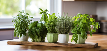 Variety of fresh herbs in white bowls on kitchen countertop.の素材