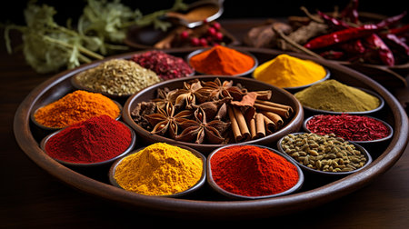 Spices and herbs on wooden background. Food and cuisine ingredients.の素材