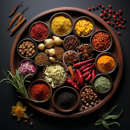 Spices and herbs in wooden bowls on black background. Top viewの素材