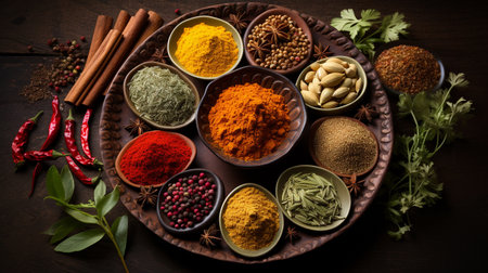 Spices and herbs on wooden background. Food and cuisine ingredients.の素材