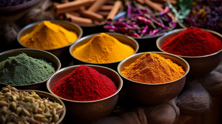 Colorful spices in bowls on wooden background. Selective focus.の素材