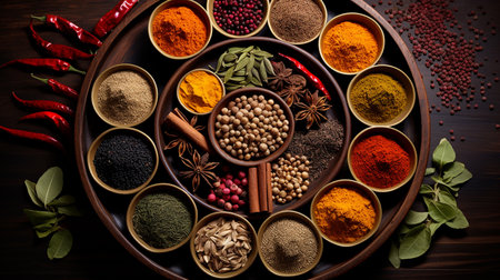 Spices and herbs on wooden background. Food and cuisine ingredients.の素材