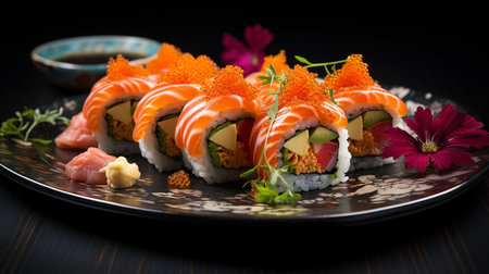 Japanese cuisine. Sushi roll with salmon, avocado, cream cheese and cucumber on a black backgroundの素材