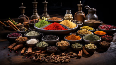 Spices and herbs on wooden background. Food and cuisine ingredients.の素材
