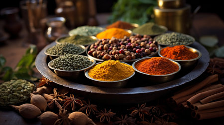 Spices and herbs on wooden background. Food and cuisine ingredients.の素材