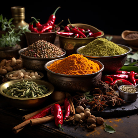 Spices and herbs on wooden background. Food and cuisine ingredients.の素材