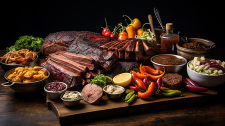 Grilled meat with vegetables and sauces on a wooden board. Restaurantの素材