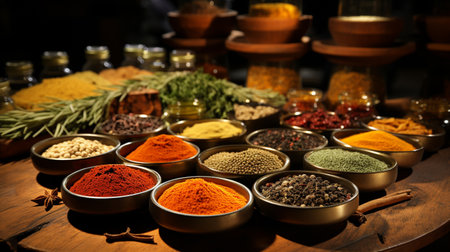 Spices and herbs in metal bowls on wooden table. Selective focusの素材