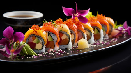 Sushi roll with salmon, avocado, cucumber, red caviar and sesame seeds on black backgroundの素材
