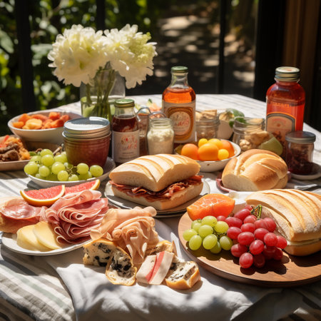 Breakfast table with bread, ham, cheese, fruits and wineの素材