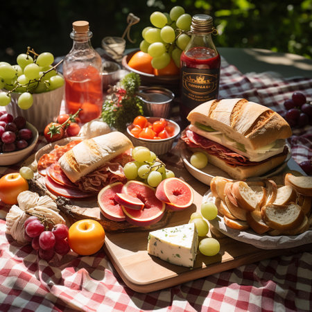 Picnic in the garden with sandwiches, wine, fruits and vegetablesの素材