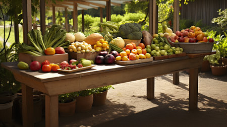 Fresh fruits and vegetables on wooden table in garden. Healthy food conceptの素材