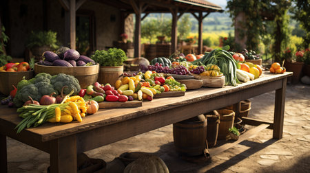 Vegetables on a wooden table in front of a farmhouseの素材