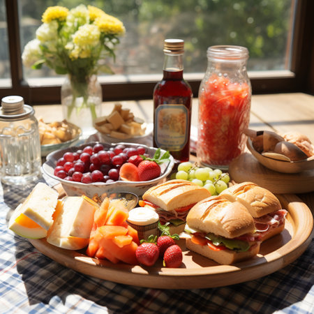 Breakfast with sandwiches and fruit on the table in a cafe.の素材