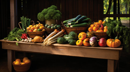 Composition with variety of raw organic vegetables on wooden table in countrysideの素材