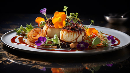 Panna cotta with chocolate sauce and edible flowers on black backgroundの素材