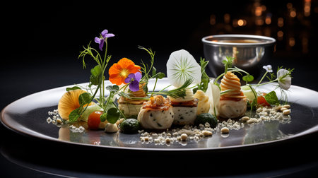 Crispy fried dumplings served on a black plate with edible flowersの素材
