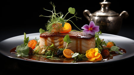 Grilled fish fillet with vegetables and arugula on black backgroundの素材