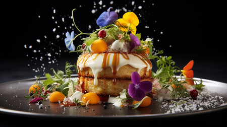 Pancakes with ice cream and edible flowers on a black backgroundの素材