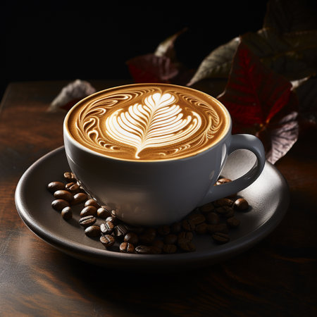 Cup of coffee with latte art and coffee beans on wooden tableの素材