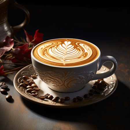 Cup of cappuccino with latte art on dark backgroundの素材
