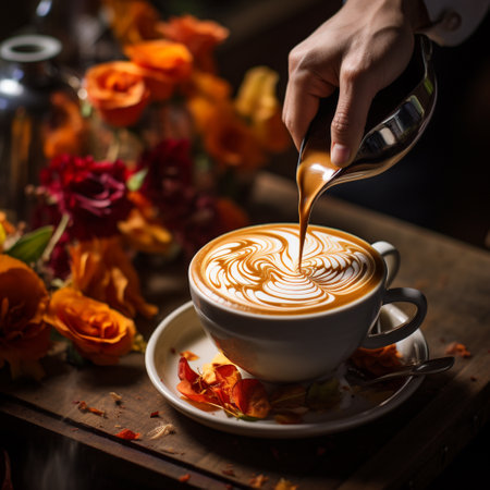 cup of coffee latte art on the wooden table with flower backgroundの素材