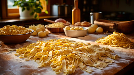 Preparing homemade fettuccine pasta with ingredients on kitchen tableの素材