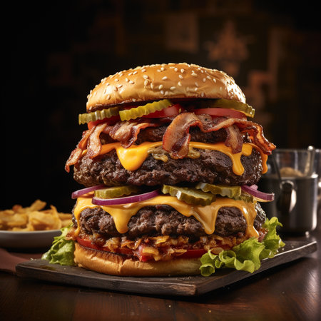 Big tasty cheeseburger with cheese, bacon and vegetables on dark backgroundの素材