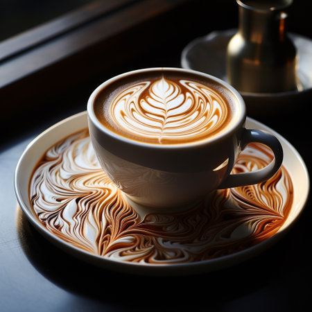 Cup of cappuccino with latte art on wooden tableの素材