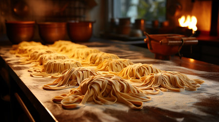 Raw homemade pasta on table in kitchen, closeup. Cooking processの素材