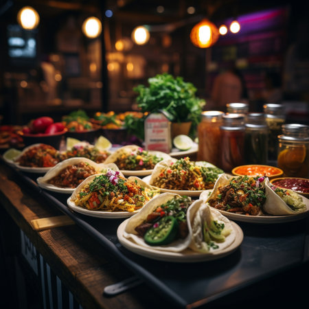 Traditional Mexican tacos with beef and vegetables on a street food marketの素材