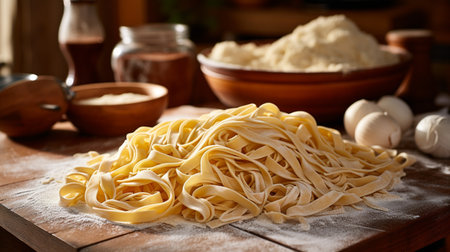 Raw homemade pasta with ingredients for cooking on wooden table, closeupの素材