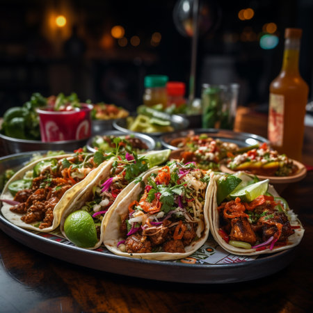 Mexican tacos with beef and vegetables on a wooden table in a restaurantの素材