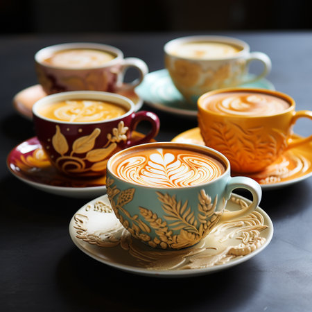 Coffee cups with latte art on wooden table, selective focusの素材