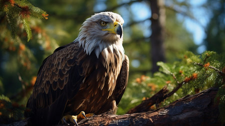 Bald Eagle sitting on a branch of a tree in a forestの素材