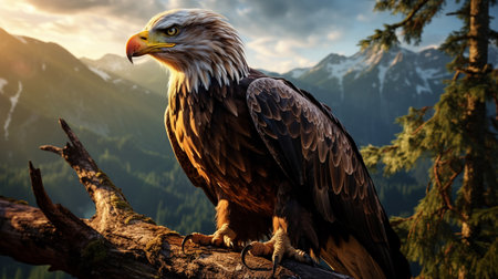 Bald Eagle sitting on a branch against the background of mountains.の素材