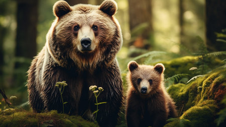 Grizzly bear and cub in the forest. Wildlife sceneの素材