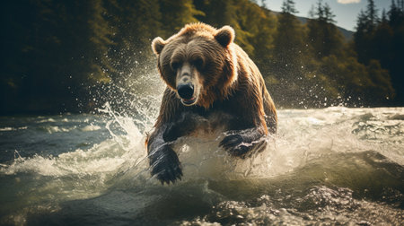 Brown bear jumps out of the water. Brown bear in the river. Brown bear on the background of the mountains.の素材