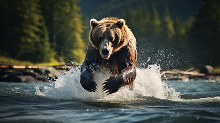 Brown bear chasing fish in the water. Scientific name: Ursus arctos.の素材