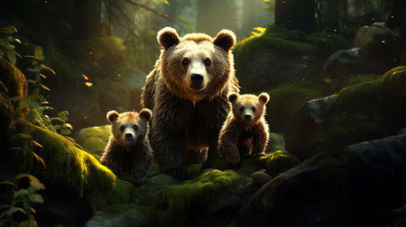 Three brown bear cubs in the forest. 3D rendering.の素材