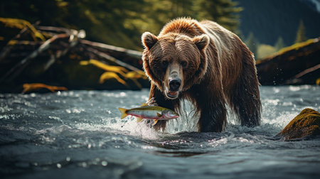 Brown bear caught a fish in the river. Brown bear catches a fish in the riverの素材